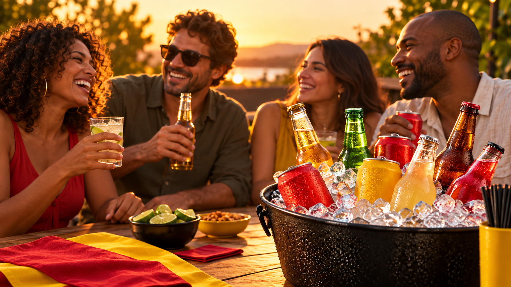Quatro adultos em um encontro ao ar livre, ao pôr do sol, com bebidas geladas em um balde com gelo e uma mesa com itens.